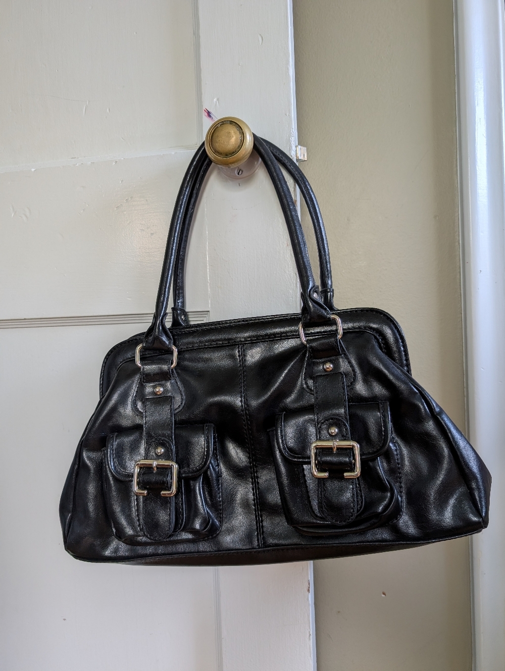 Aldo Black Leather Satchel Handbag with Front Buckle Pockets